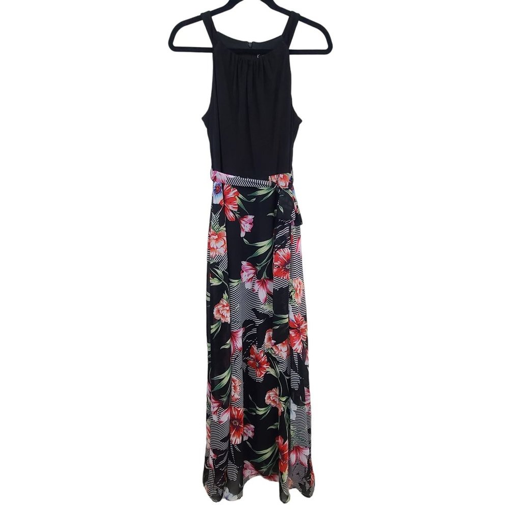 K STUDIO COLLECTION Womens Black Floral Maxi Dress M Sleeveless Tie Waist
